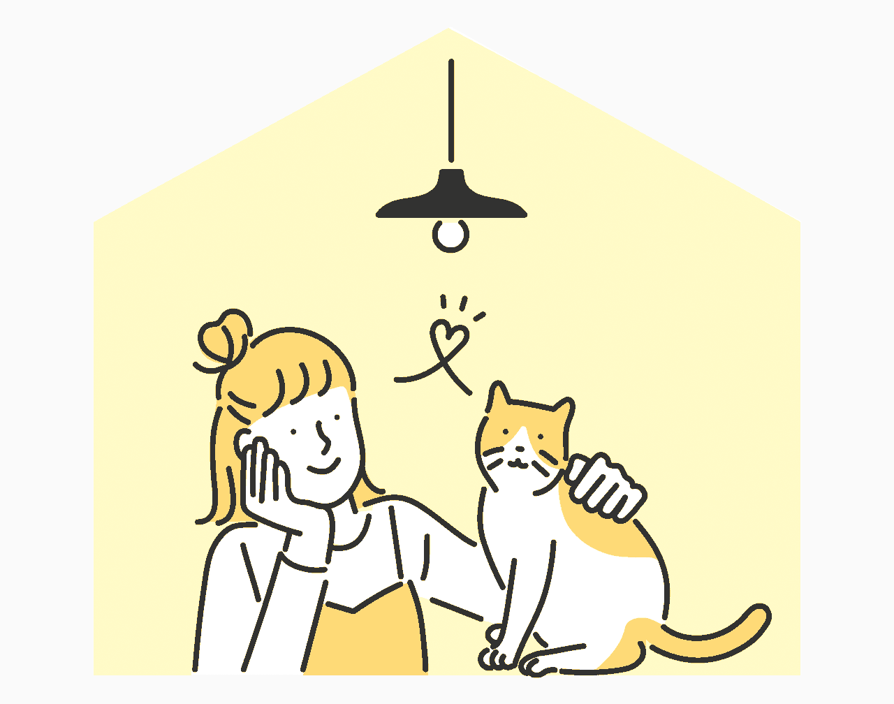 電球の下で女性が頬に手を当て、猫がハートマークと共に寄り添っている温かい室内の様子
